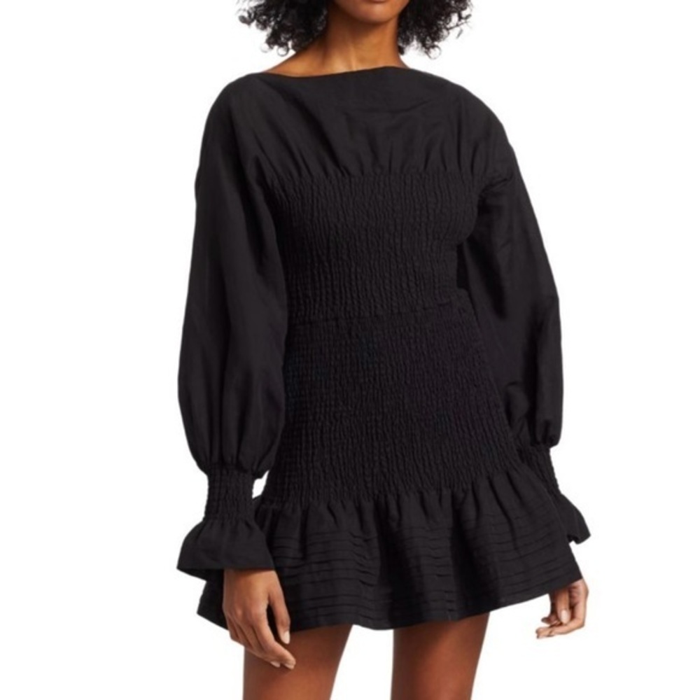 Derek Lam Collective Black Smocked Long Sleeve Ruffle Hem Cotton Mini Dress
